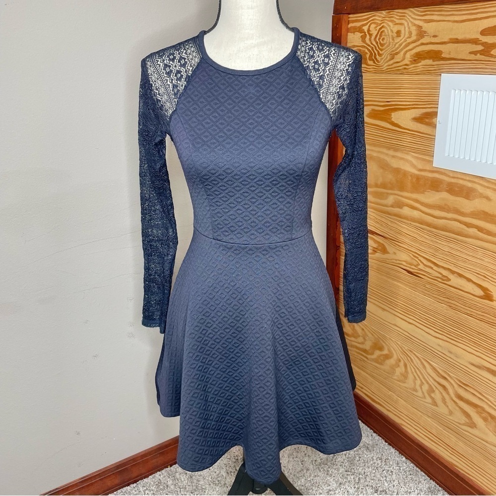Altar’d State Navy Blue Lace Long Sleeve Fit and Flare Mini Dress Extra Small